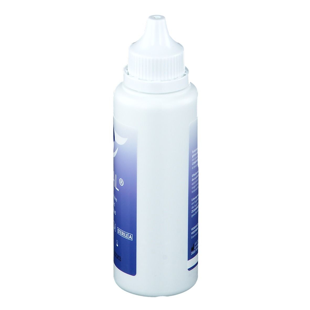 Weiße Flasche mit Schraubverschluss und Tropfspitze. Blaues Etikett mit Text. Seitenansicht. CE-Kennzeichnung und Steril-Symbol.