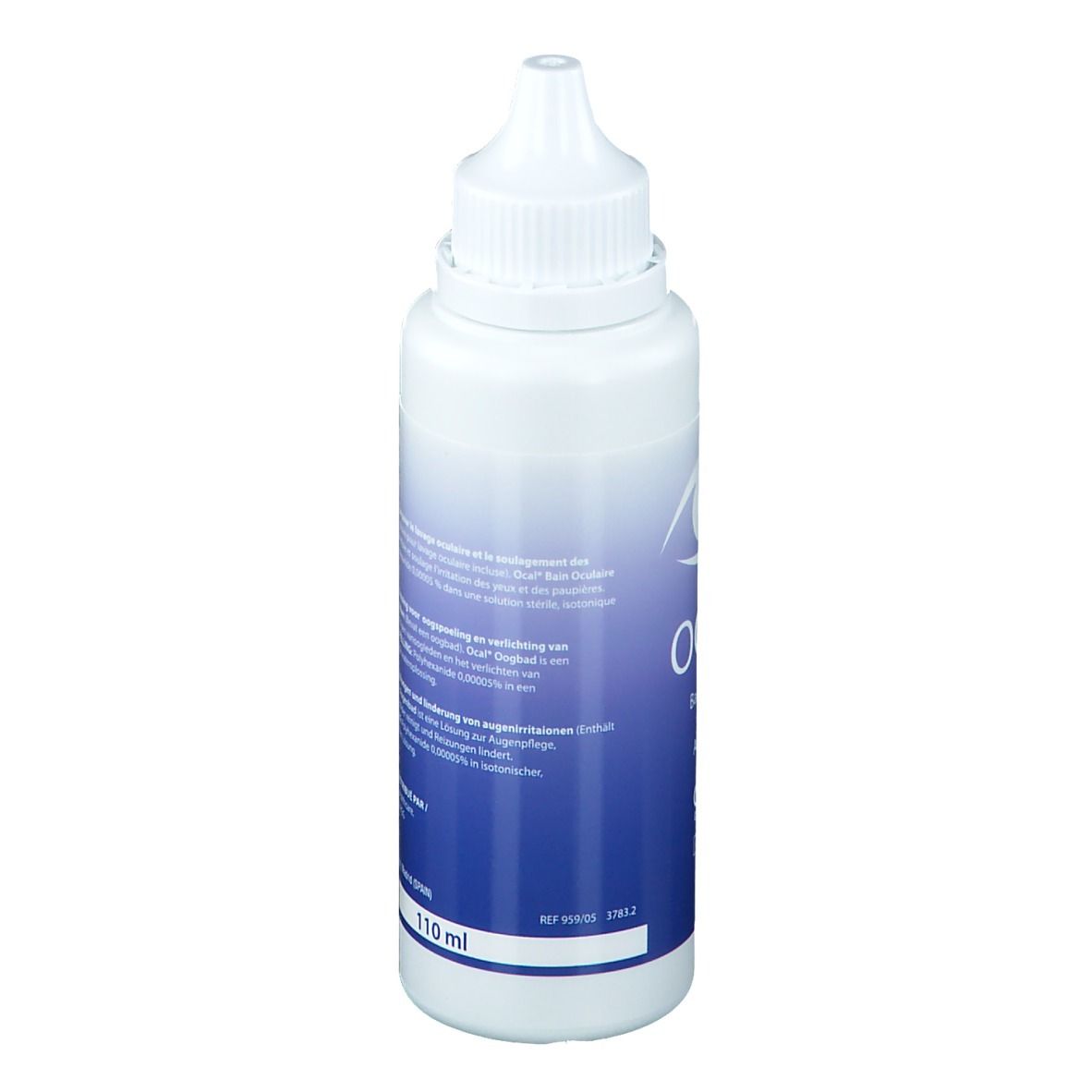 Weiße Flasche mit Schraubverschluss und Tropfspitze. Blaues Etikett mit Text. 110 ml. CE-Kennzeichnung und Steril-Symbol.