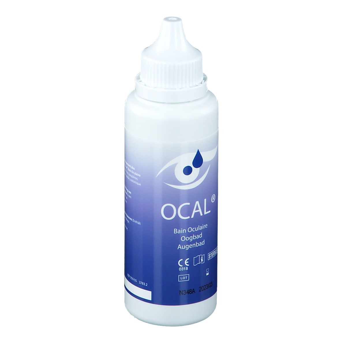 Weiße Flasche mit Schraubverschluss und Tropfspitze. OCAL®-Logo und Produktbezeichnung. Blaues Etikett mit Augensymbol. CE-Kennzeichnung.
