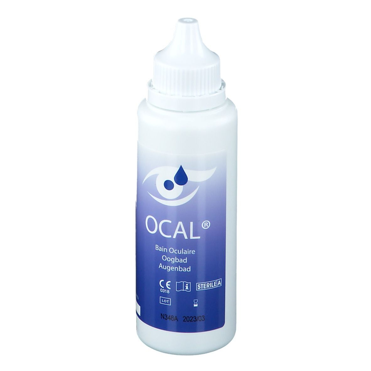 Weiße Flasche mit Schraubverschluss und Tropfspitze. OCAL®-Logo und Produktbezeichnung. Blaues Etikett mit Augensymbol. CE-Kennzeichnung.