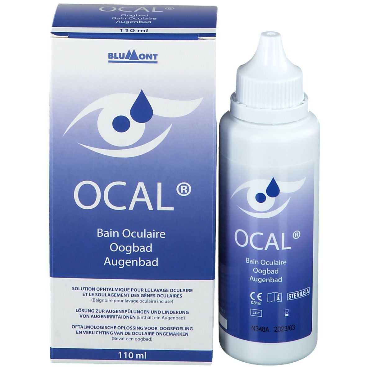 Produktverpackung mit Flasche. OCAL®-Logo und Produktbezeichnung. Blaue Verpackung mit Augensymbol. 110 ml. CE-Kennzeichnung.