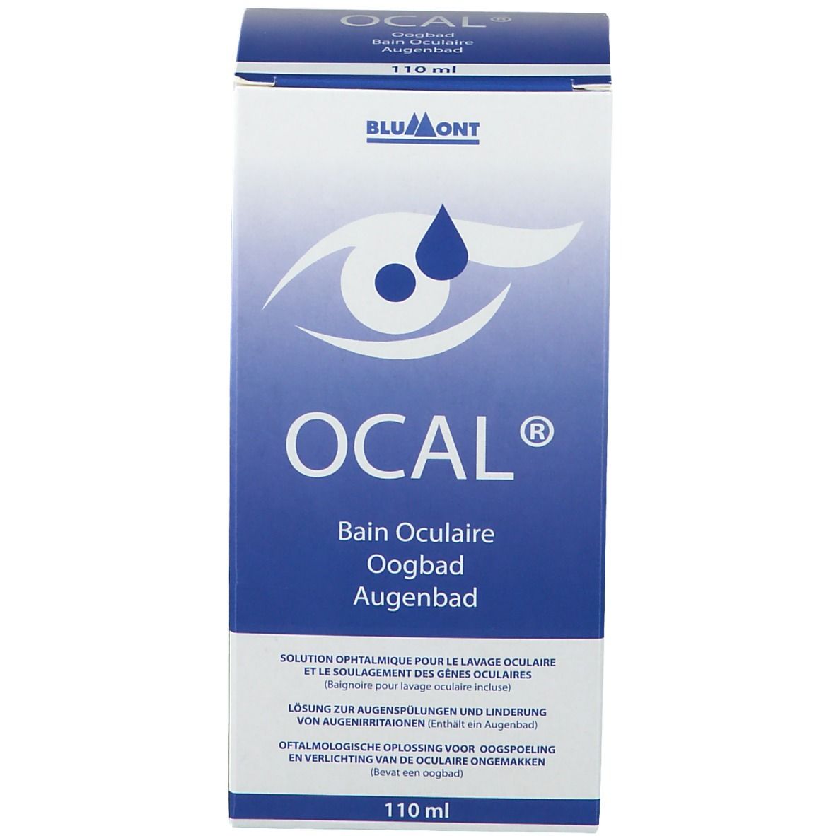 Produktverpackung. OCAL®-Logo und Produktbezeichnung. Blaue Verpackung mit Augensymbol. 110 ml. CE-Kennzeichnung.