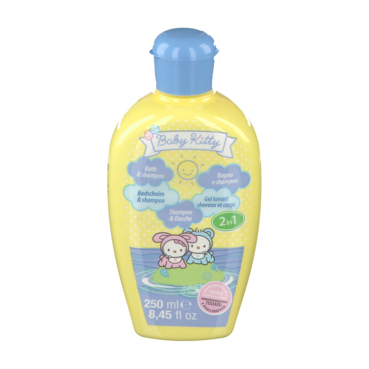 Flacon jaune et bleu "Baby Kitty" 2 en 1 bain et shampooing. 250 ml. Inscriptions multilingues.