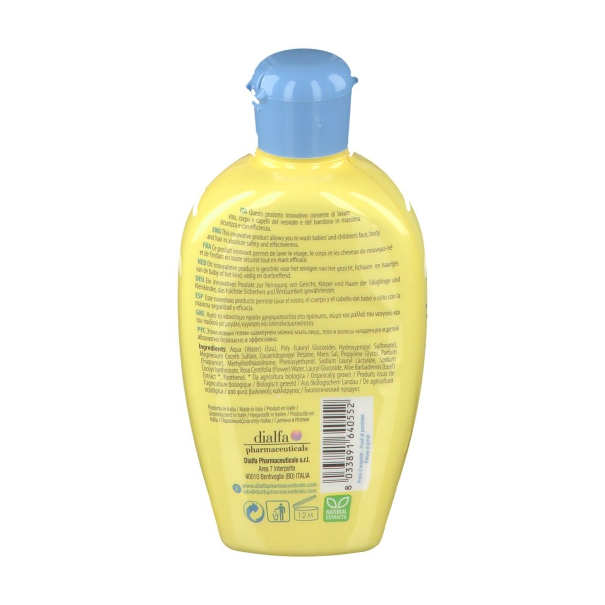 Dos du flacon jaune et bleu. Contient des informations sur les ingrédients et le fabricant.