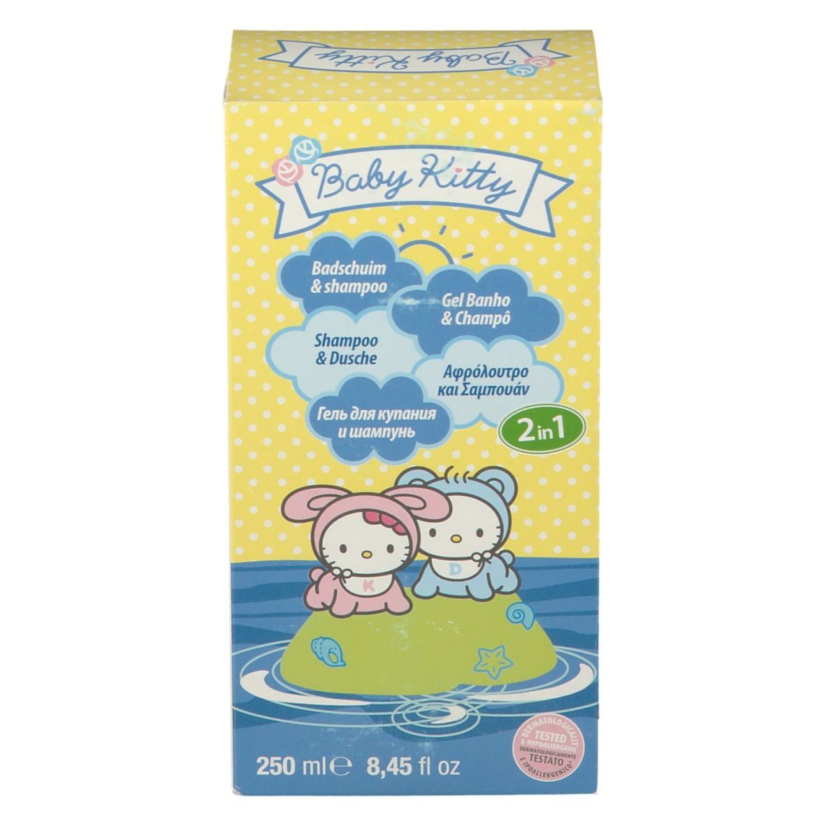 Emballage jaune avec logo "Baby Kitty". 2 en 1 bain et shampooing. 250 ml. Inscriptions multilingues.