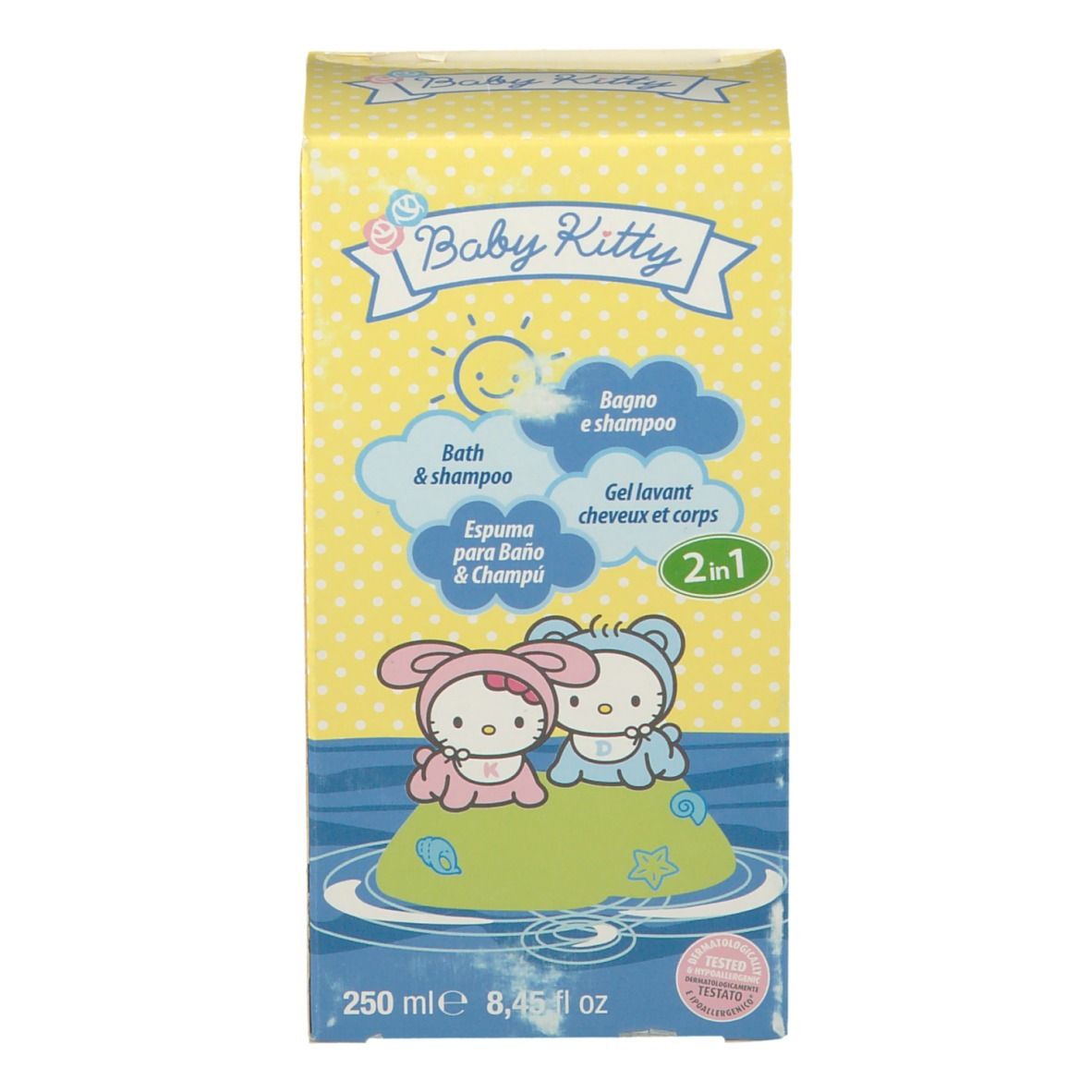 Emballage jaune avec logo "Baby Kitty". 2 en 1 bain et shampooing. 250 ml. Inscriptions multilingues.