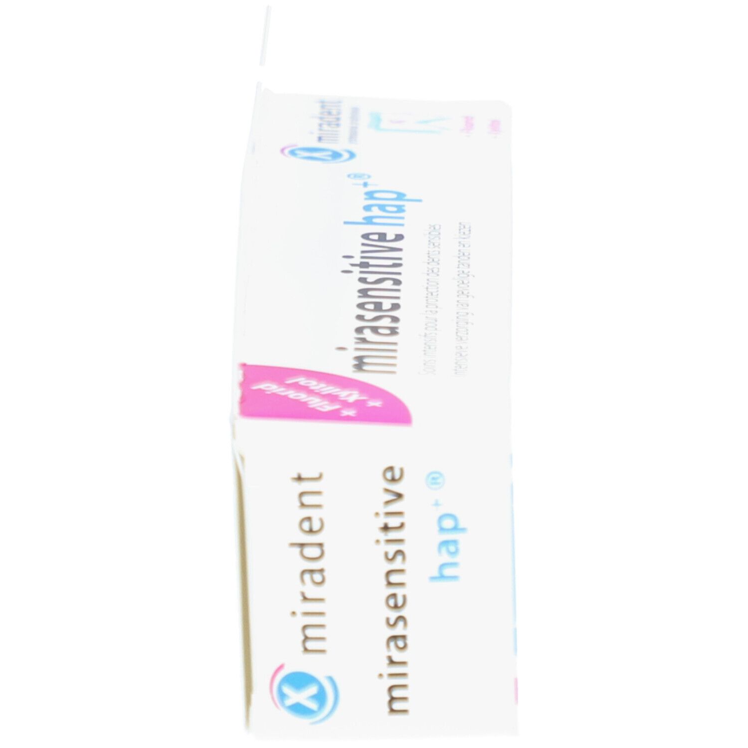 Seitenansicht der Verpackung Miradent Mirasensitive hap+. Weiß, blau und rosa. Text.