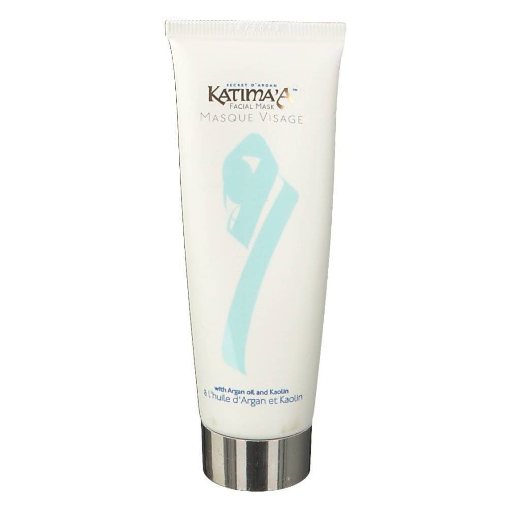 Witte tube KATIMA'A® gezichtsmasker. Turquoise grafiek. Zilveren dop. Tekst: Masque Visage.