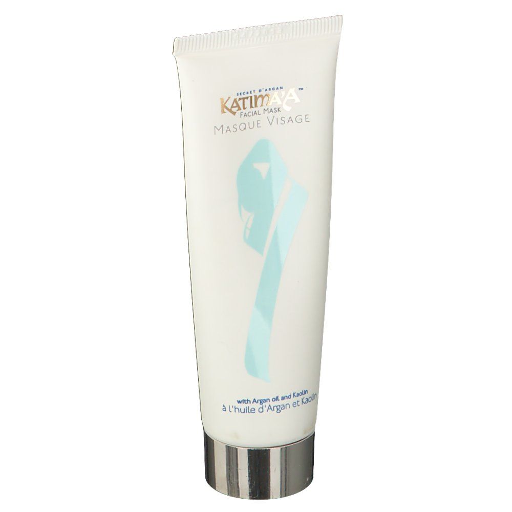 Witte tube KATIMA'A® gezichtsmasker. Turquoise grafiek. Zilveren dop. Tekst: Masque Visage.