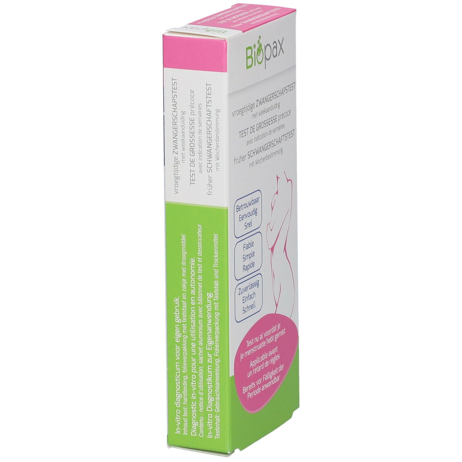 Biopax zwangerschapstest verpakking. Tekst: Vroegtijdige zwangerschapstest. Roze, wit en groen. Zijaanzicht.