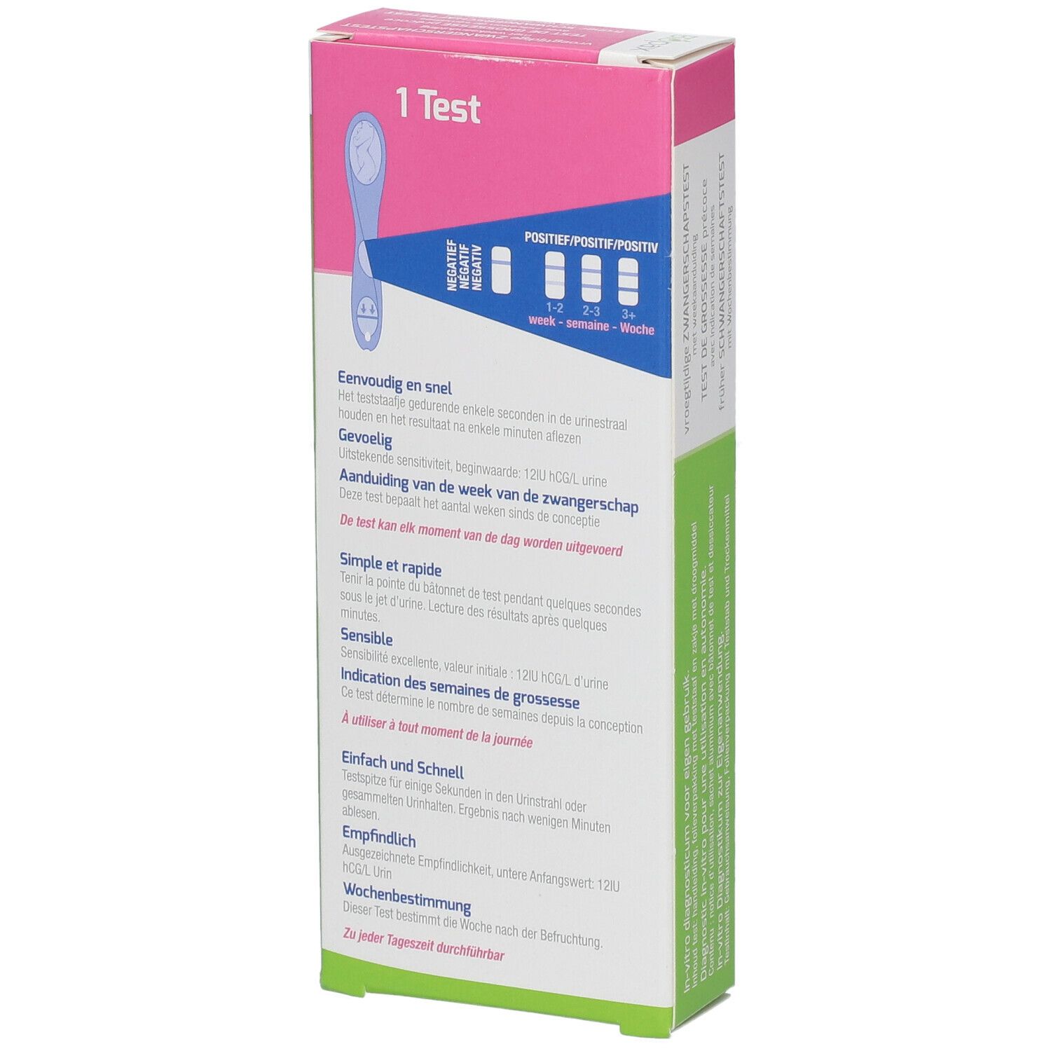 Verpakking van zwangerschapstest. Tekst: 1 test. Weergave: Negatief/Positief. Roze, wit en groen.