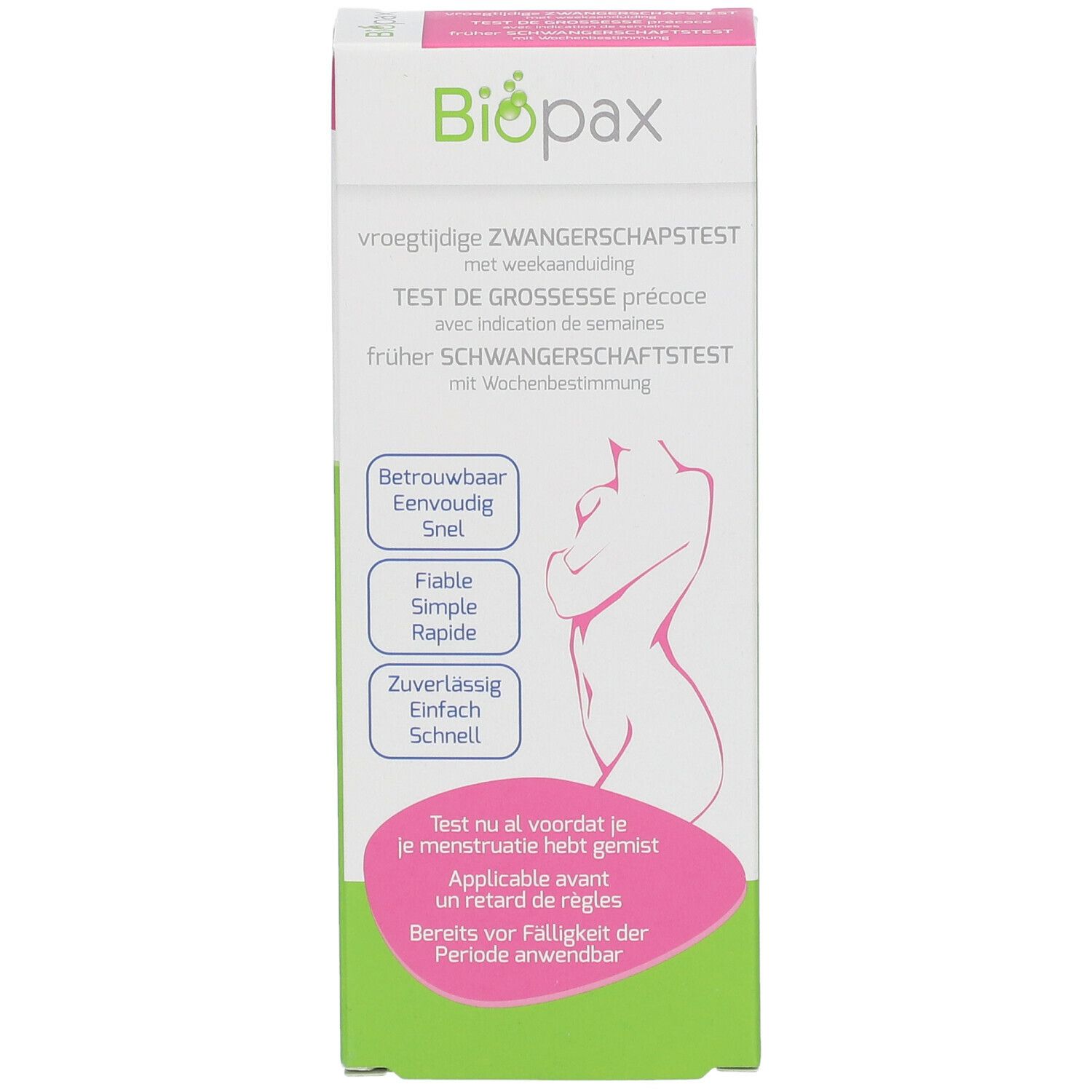 Verpakking van Biopax zwangerschapstest. Tekst: Vroegtijdige zwangerschapstest, met weekaanduiding. Roze, wit en groen.