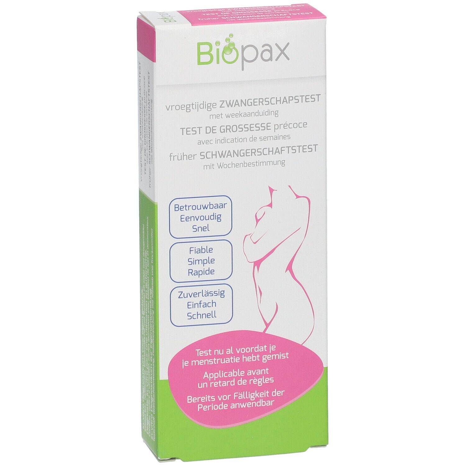Verpakking van Biopax zwangerschapstest. Tekst: Vroegtijdige zwangerschapstest, met weekaanduiding. Roze, wit en groen.