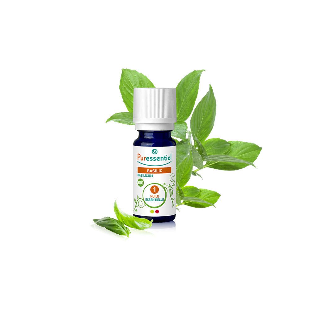 Fläschchen mit ätherischem Öl. Marke: Puressentiel. Basilikumblätter. Aufschrift: Bio, 1 Huile Essentielle.