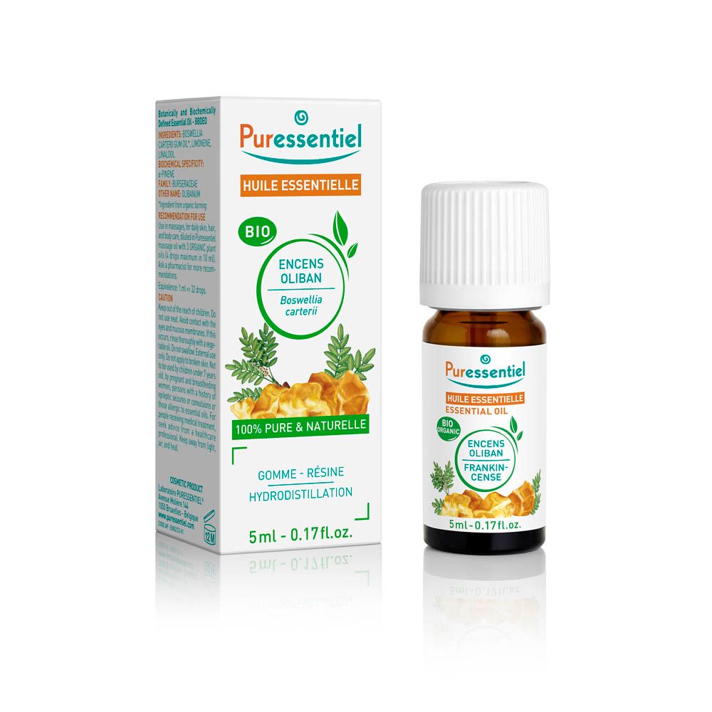 Flacon en verre brun avec bouchon blanc et boîte. Inscription: Huile Essentielle Encens. 5ml.