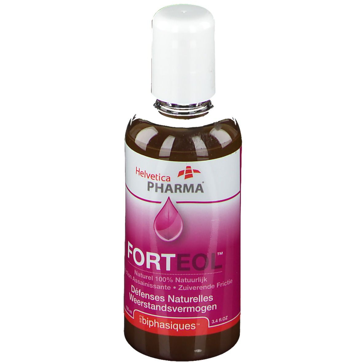 Flacon brun avec bouchon blanc. Inscription: Helvetica Pharma, Forteol, Défenses Naturelles. 100% naturel.