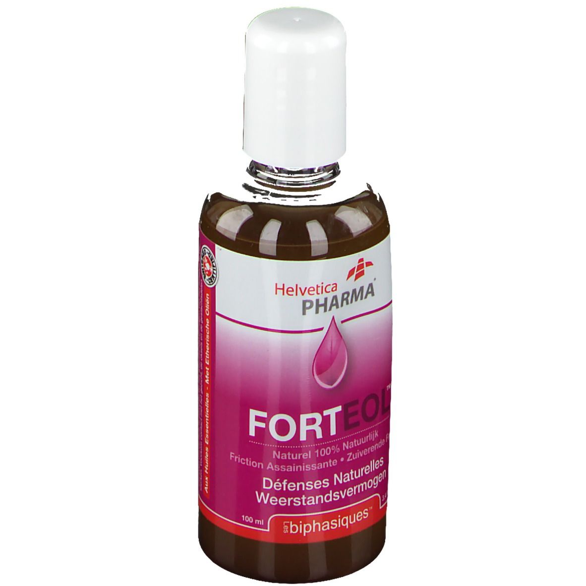 Flacon brun avec bouchon blanc. Inscription: Helvetica Pharma, Forteol, Défenses Naturelles. 100 ml.