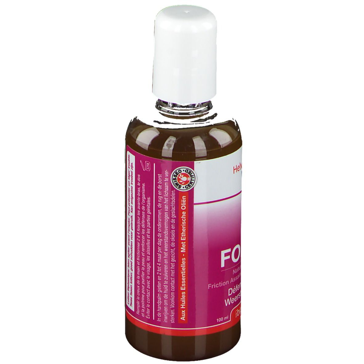 Flacon brun avec bouchon blanc. Inscription: Helvetica Pharma, Forteol, Défenses Naturelles. Aux huiles essentielles.