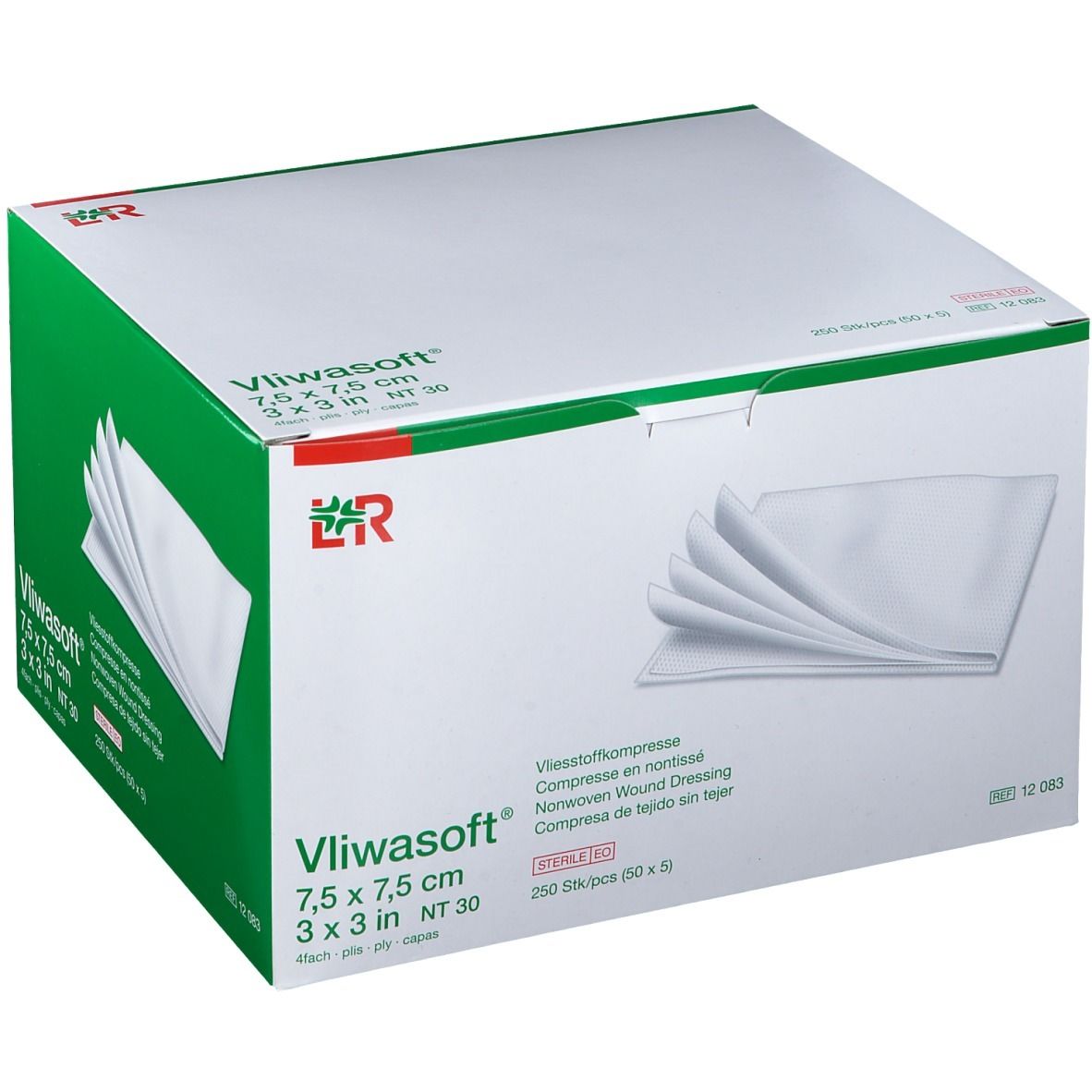 Boîte de compresses Vliwasoft. Compresses blanches rectangulaires. Dimensions 7,5 x 7,5 cm. Emballage avec détails verts.