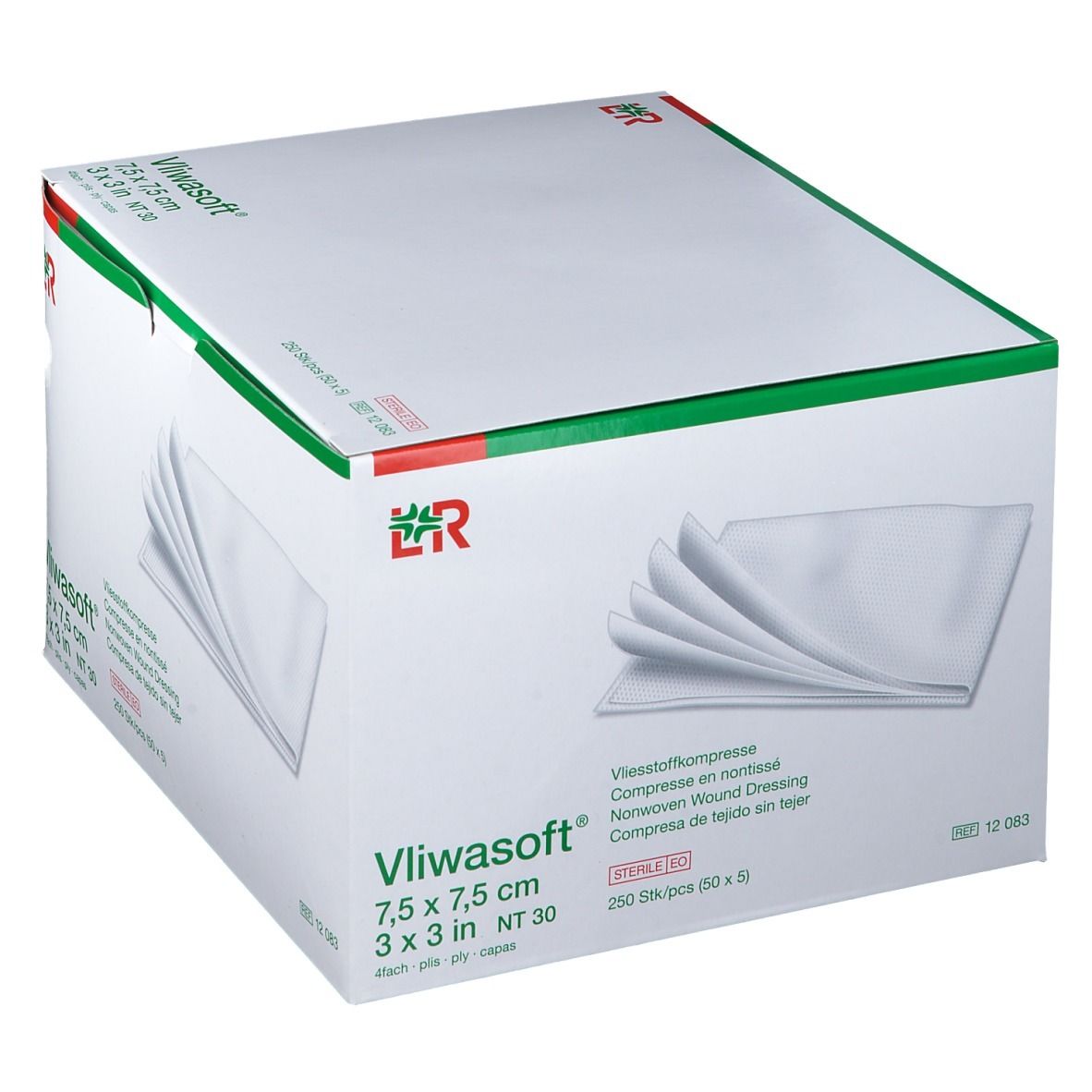 Boîte de compresses Vliwasoft. Compresses blanches rectangulaires. Dimensions 7,5 x 7,5 cm. Cadre vert et logo.