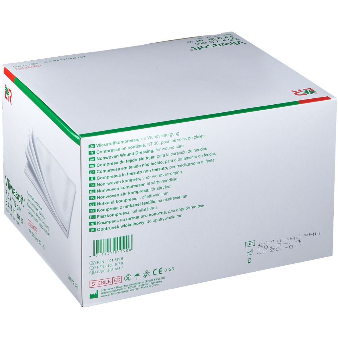 Dos de la boîte de compresses Vliwasoft. Texte multilingue. Informations et certifications.