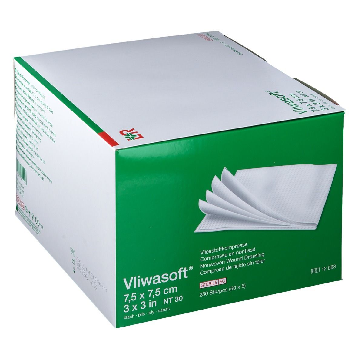 Boîte de compresses Vliwasoft. Compresses blanches rectangulaires. Dimensions 7,5 x 7,5 cm. Cadre vert.