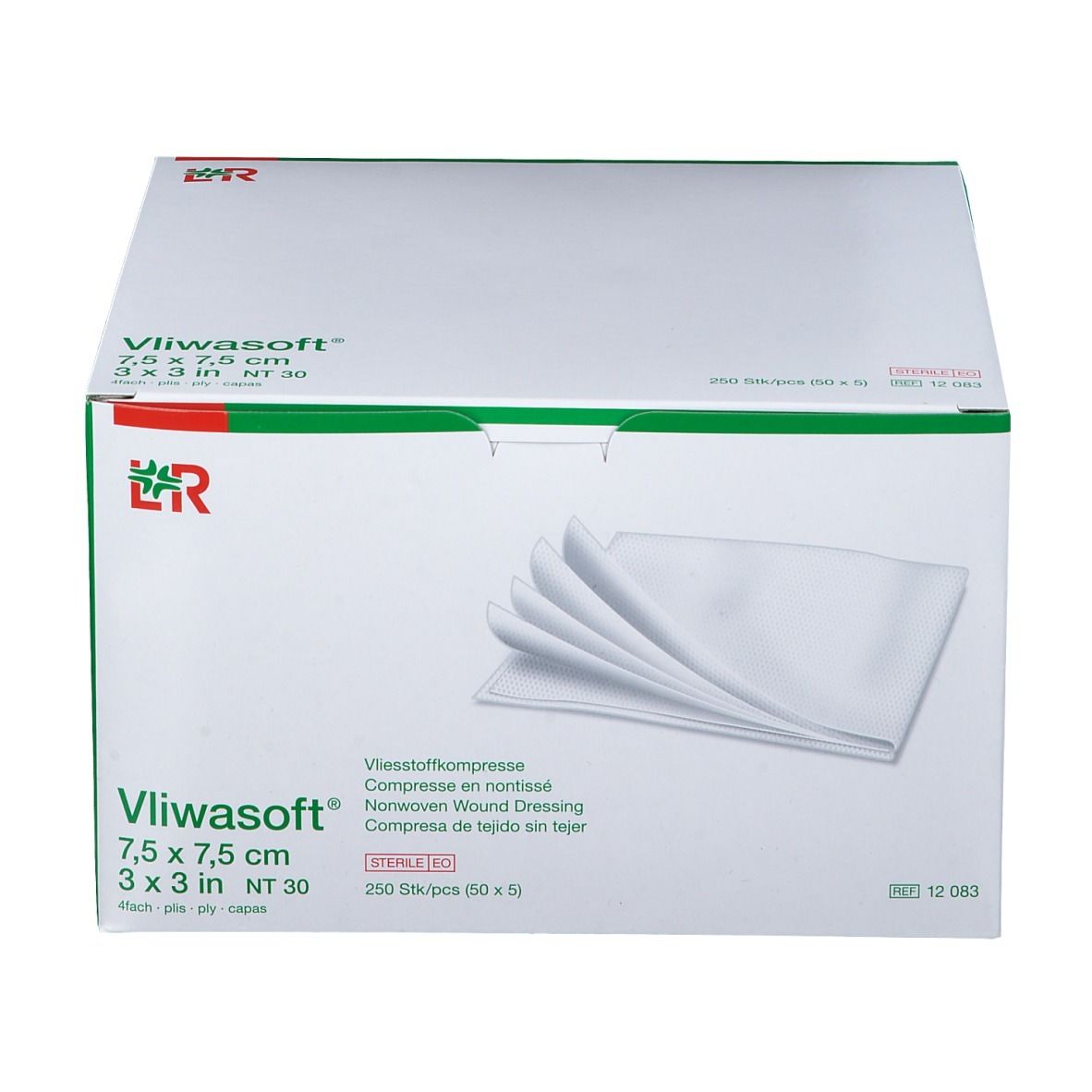 Boîte de compresses Vliwasoft. Compresses blanches rectangulaires. Dimensions 7,5 x 7,5 cm. Cadre vert.