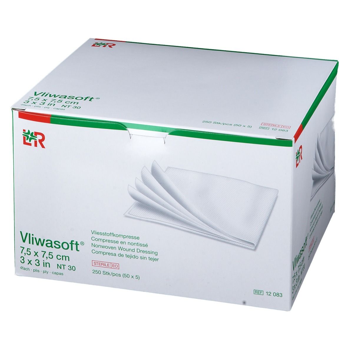 Boîte de compresses Vliwasoft. Compresses blanches rectangulaires. Dimensions 7,5 x 7,5 cm. Cadre vert.