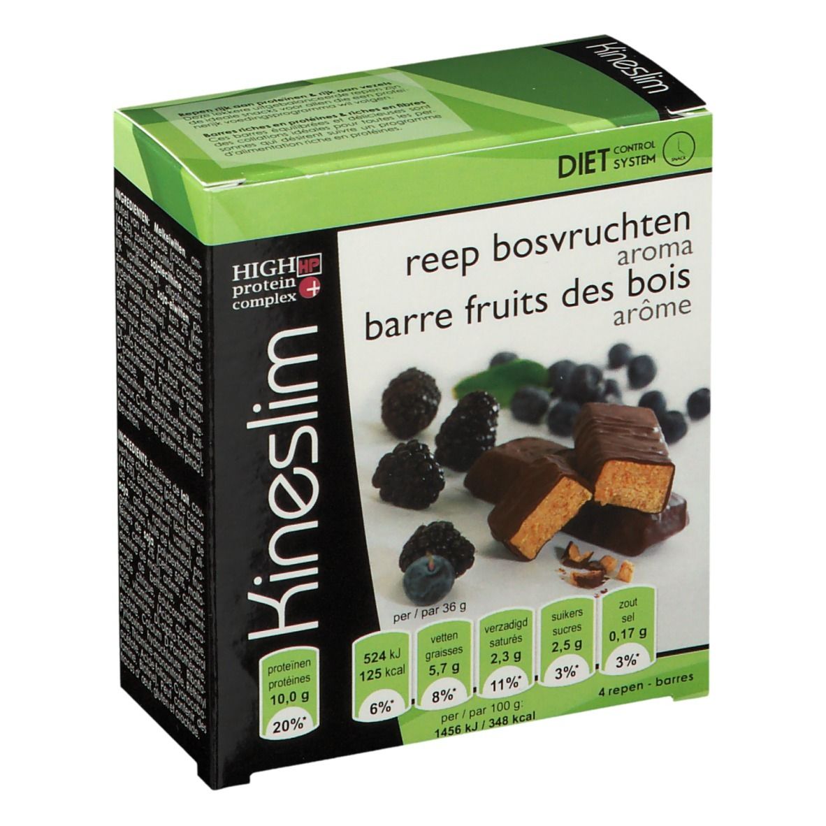 Doosje Kineslim repen. Opschrift: reep bosvruchten, barre fruits des bois. Afbeelding van bessen en repen.
