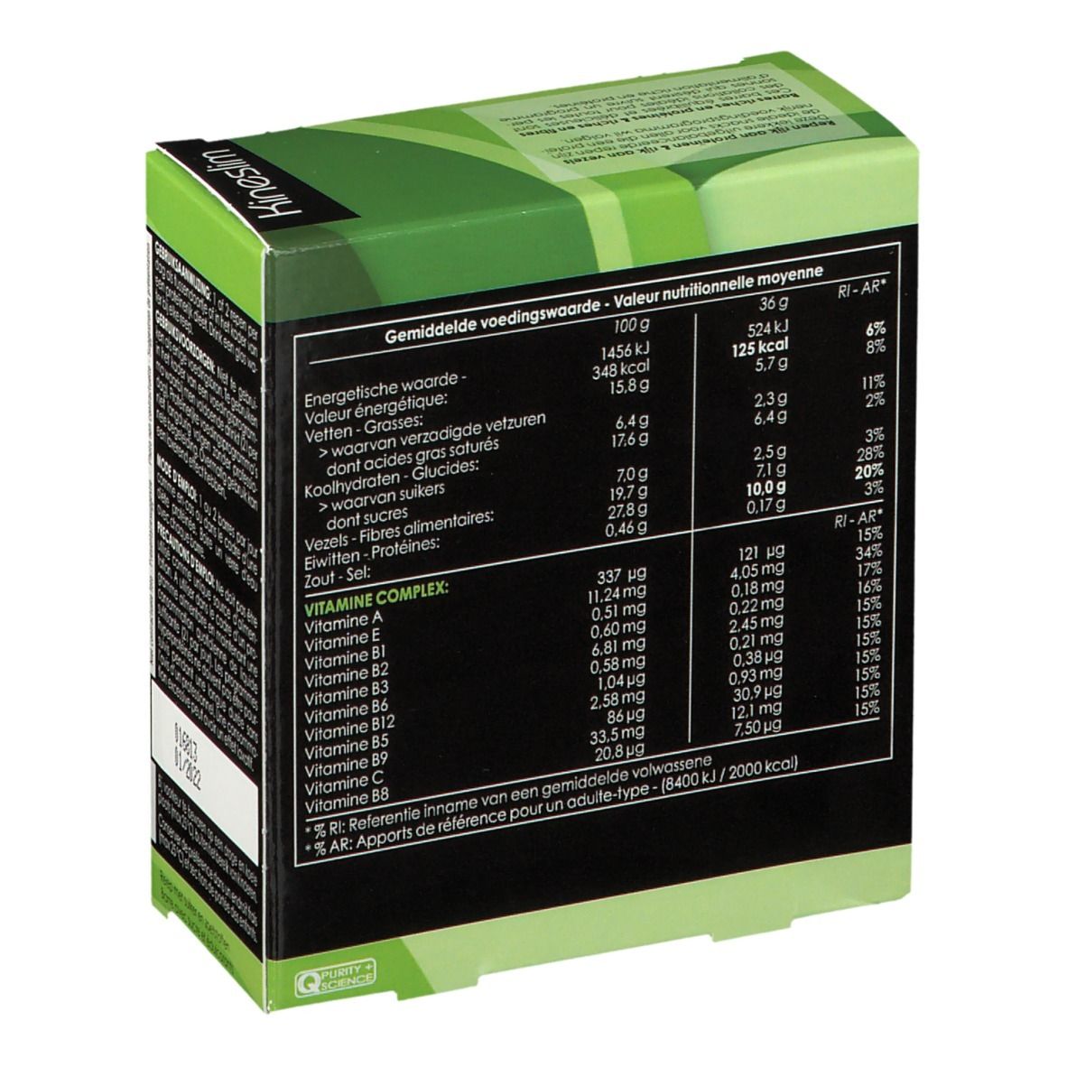 Achterkant van de Kineslim reep doos. Voedingswaarde informatie en vitamine complex tabel.