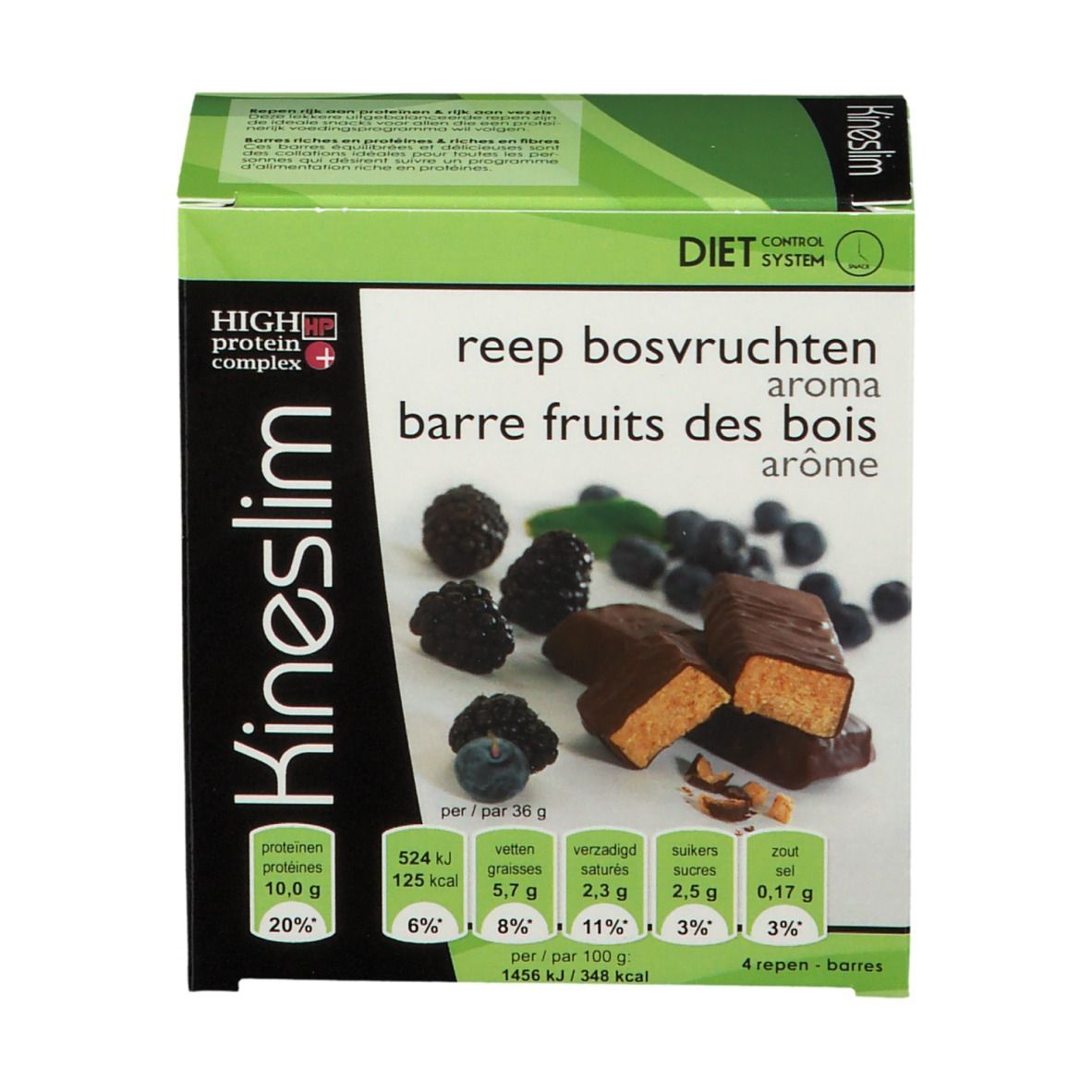 Doosje Kineslim repen. Opschrift: reep bosvruchten, barre fruits des bois. Afbeelding van bessen en repen.