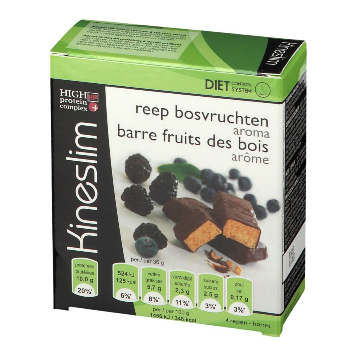 Doosje Kineslim repen. Opschrift: reep bosvruchten, barre fruits des bois. Afbeelding van bessen en repen.