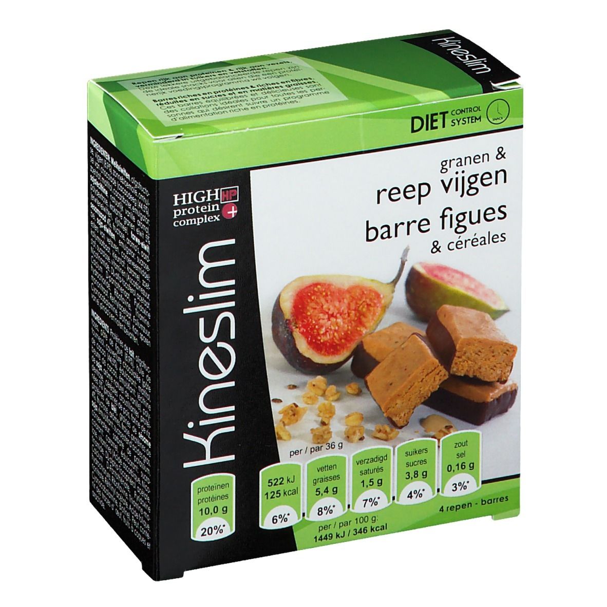 Boîte Kineslim avec céréales et figues. Inscriptions : 'High Protein Complex', 'Diet Control System'. Représentation de figues et barres.