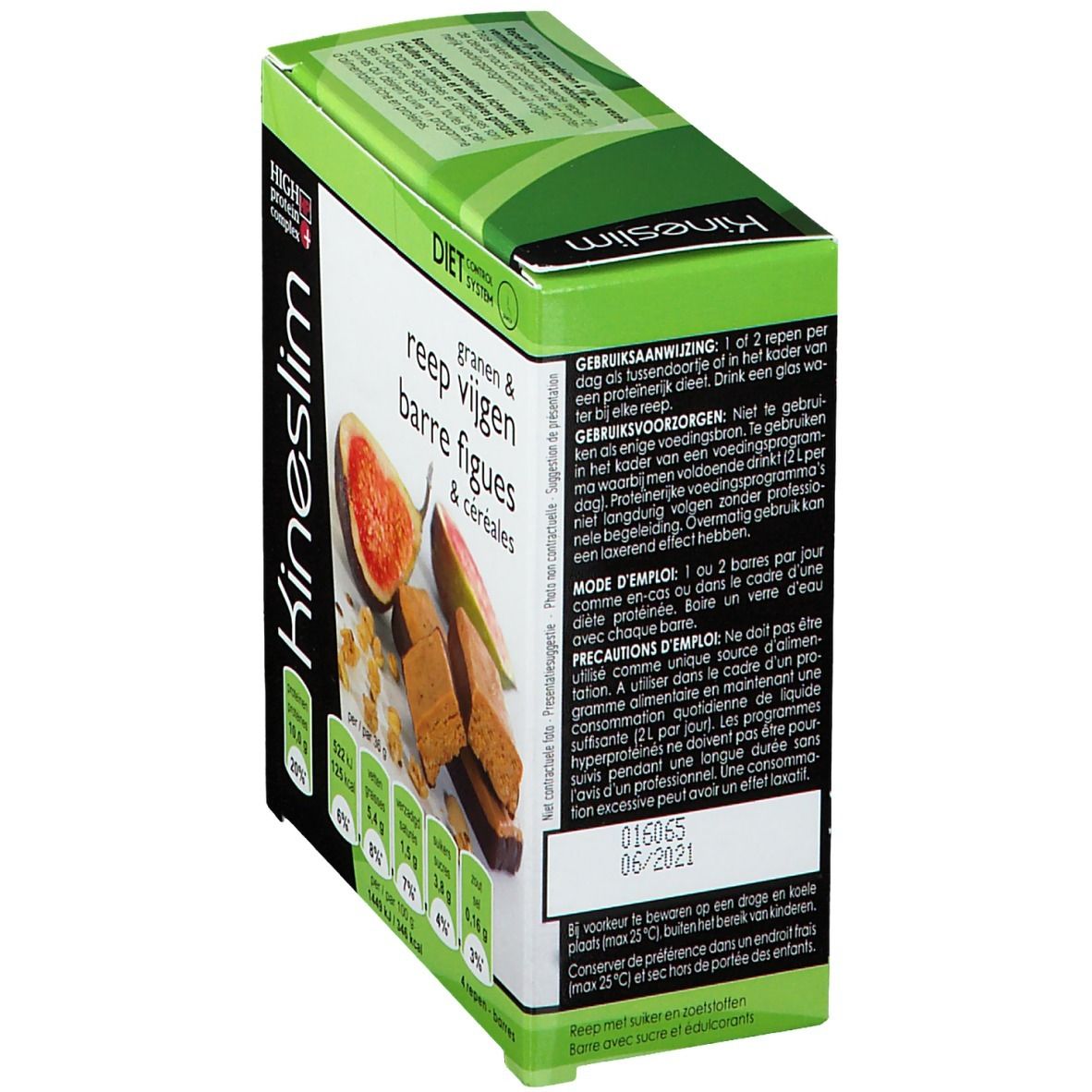 Vue latérale de la boîte Kineslim. Inscriptions : 'granen & reep vijgen barre figues & céréales'. Texte et informations nutritionnelles. Date limite.