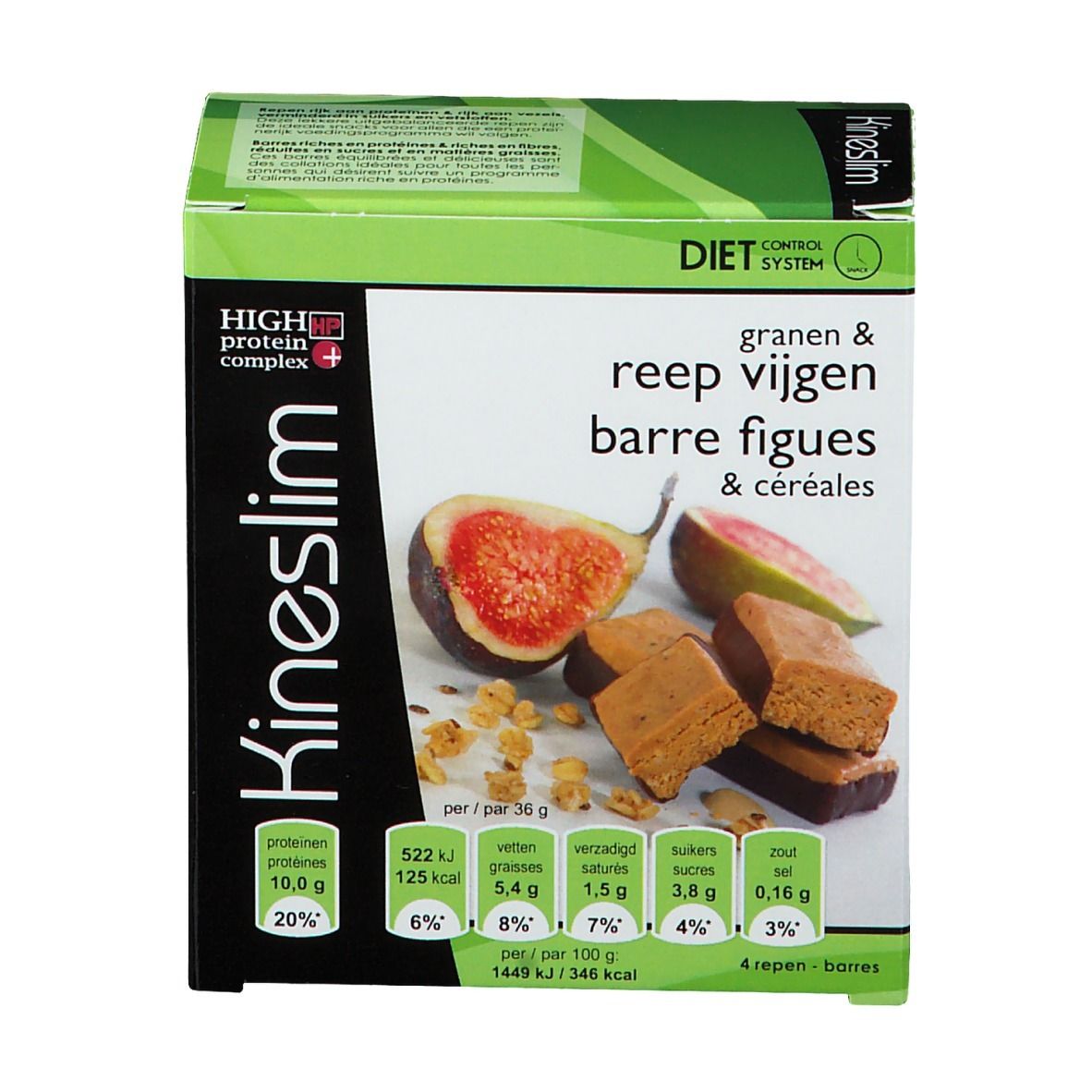 Boîte Kineslim avec céréales et figues. Inscriptions : 'High Protein Complex', 'Diet Control System'. Représentation de figues et barres.