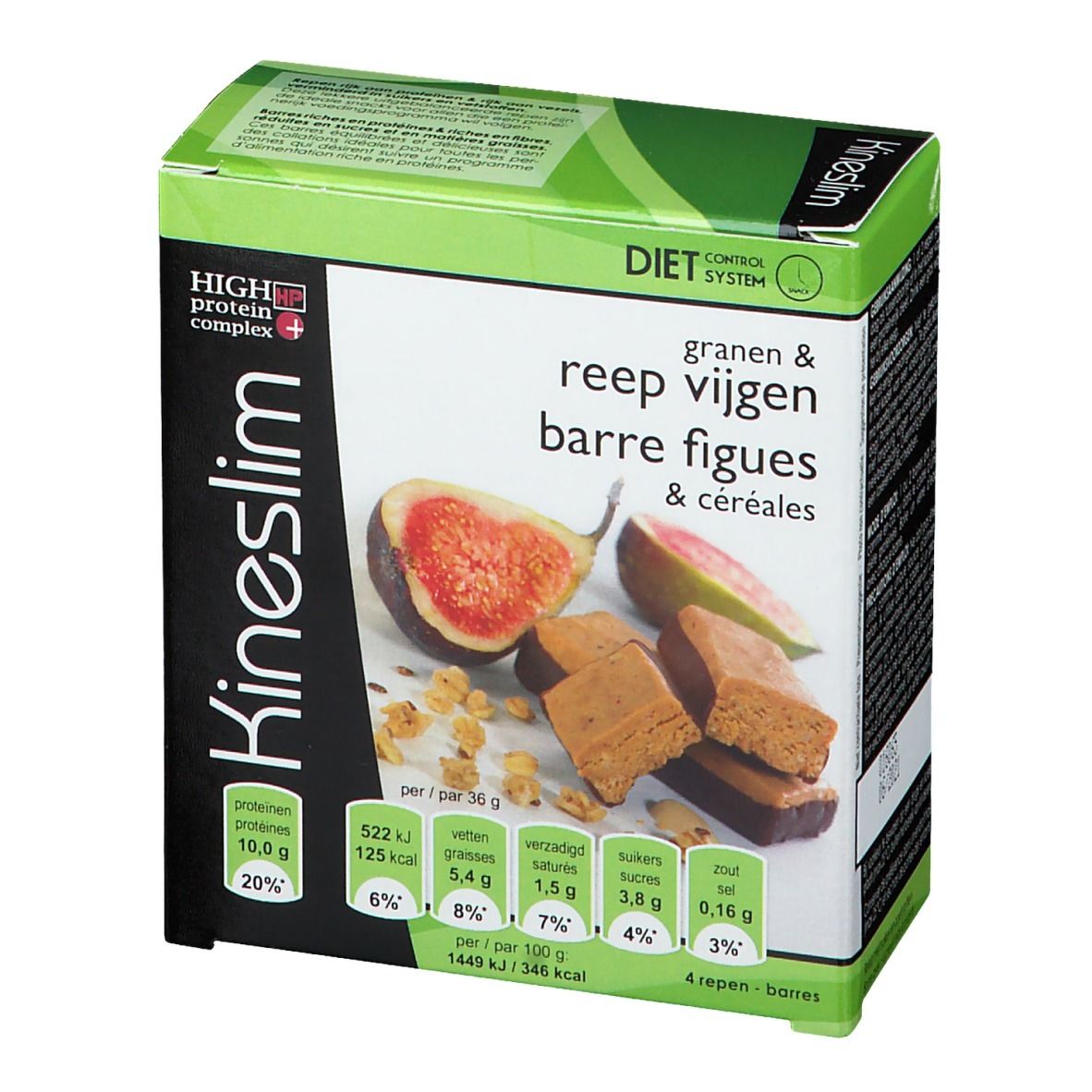 Boîte Kineslim avec céréales et figues. Inscriptions : 'High Protein Complex', 'Diet Control System'. Représentation de figues et barres.