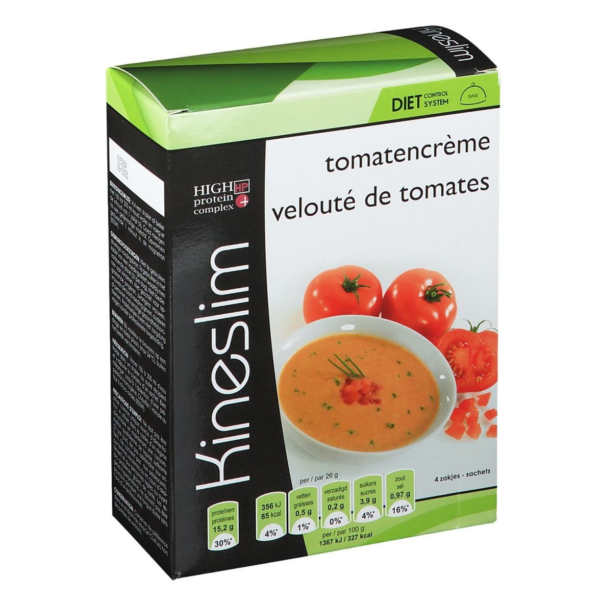 Kineslim-doos met afbeelding van tomatenroomsoep. Bevat voedingsinformatie en het High Protein Complex-logo.