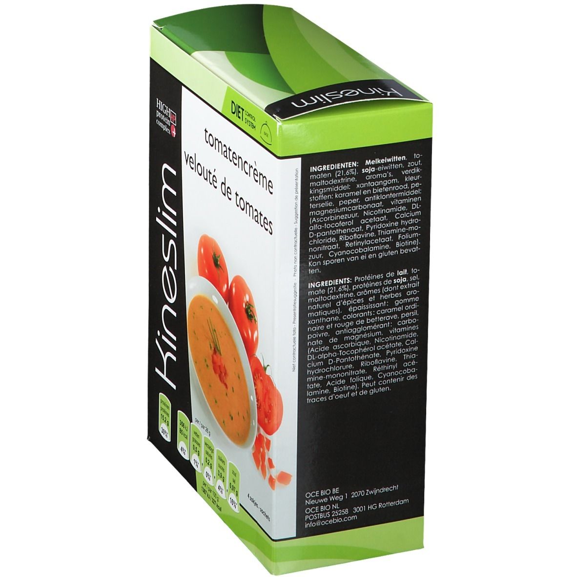 Zijkant van de Kineslim-verpakking. Bevat ingrediëntenlijsten en voedingsinformatie. Tomatenroomsoep.