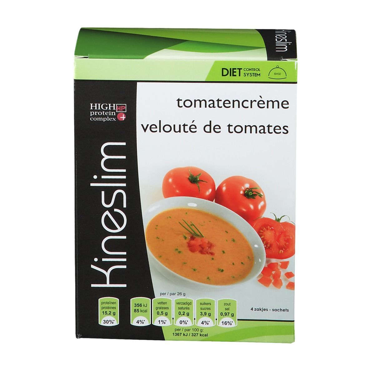 Kineslim-doos met afbeelding van tomatenroomsoep. Bevat voedingsinformatie en het High Protein Complex-logo.