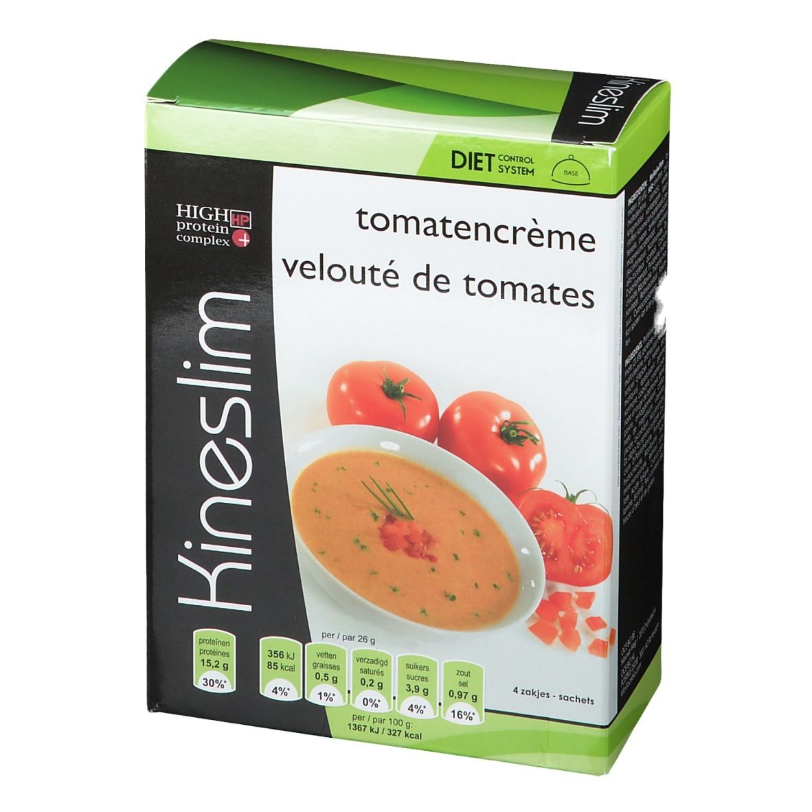 Kineslim-doos met afbeelding van tomatenroomsoep. Bevat voedingsinformatie en het High Protein Complex-logo.