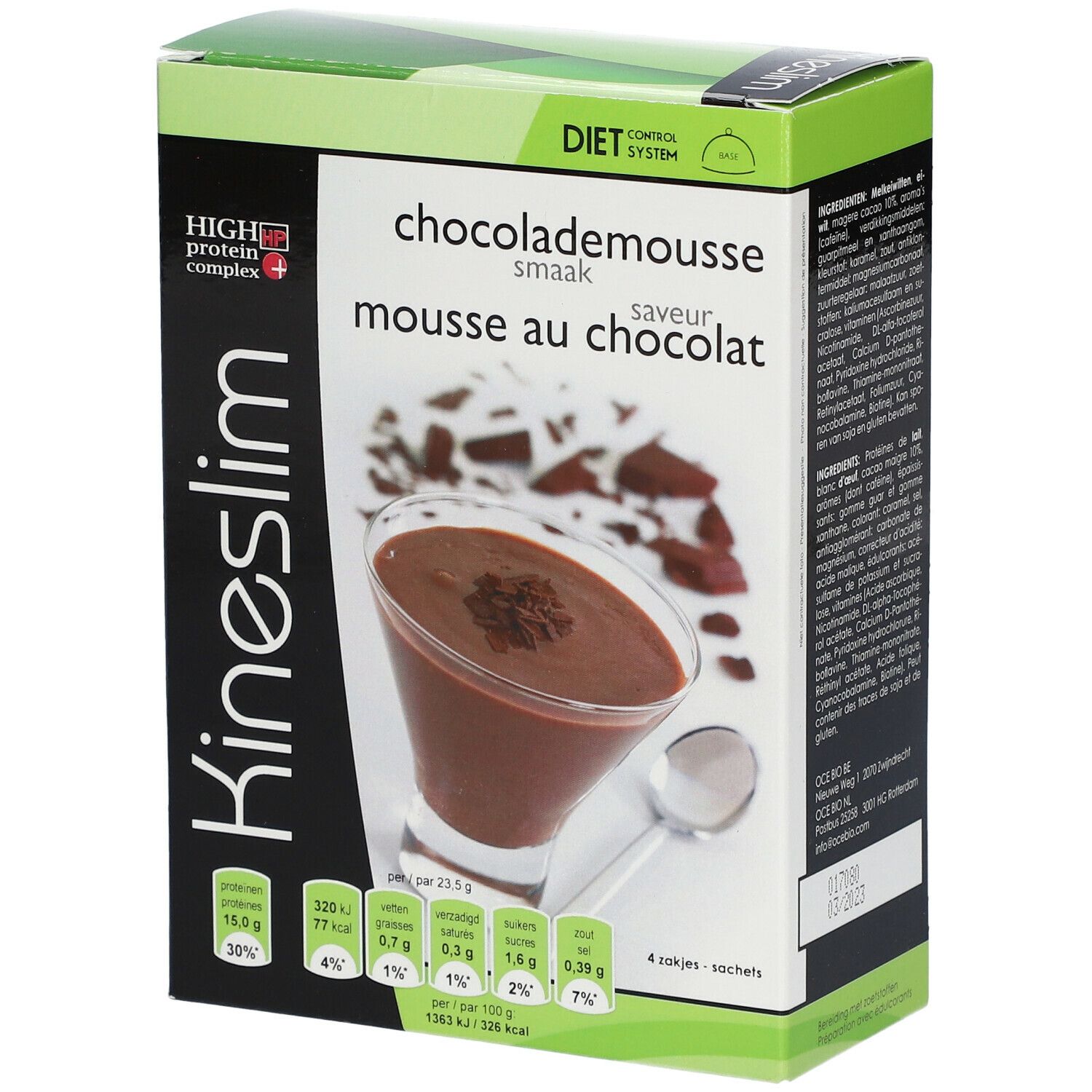 Kineslim-doos. Opschrift: chocolademousse, smaak. Voedingswaarde-informatie. 4 zakjes.