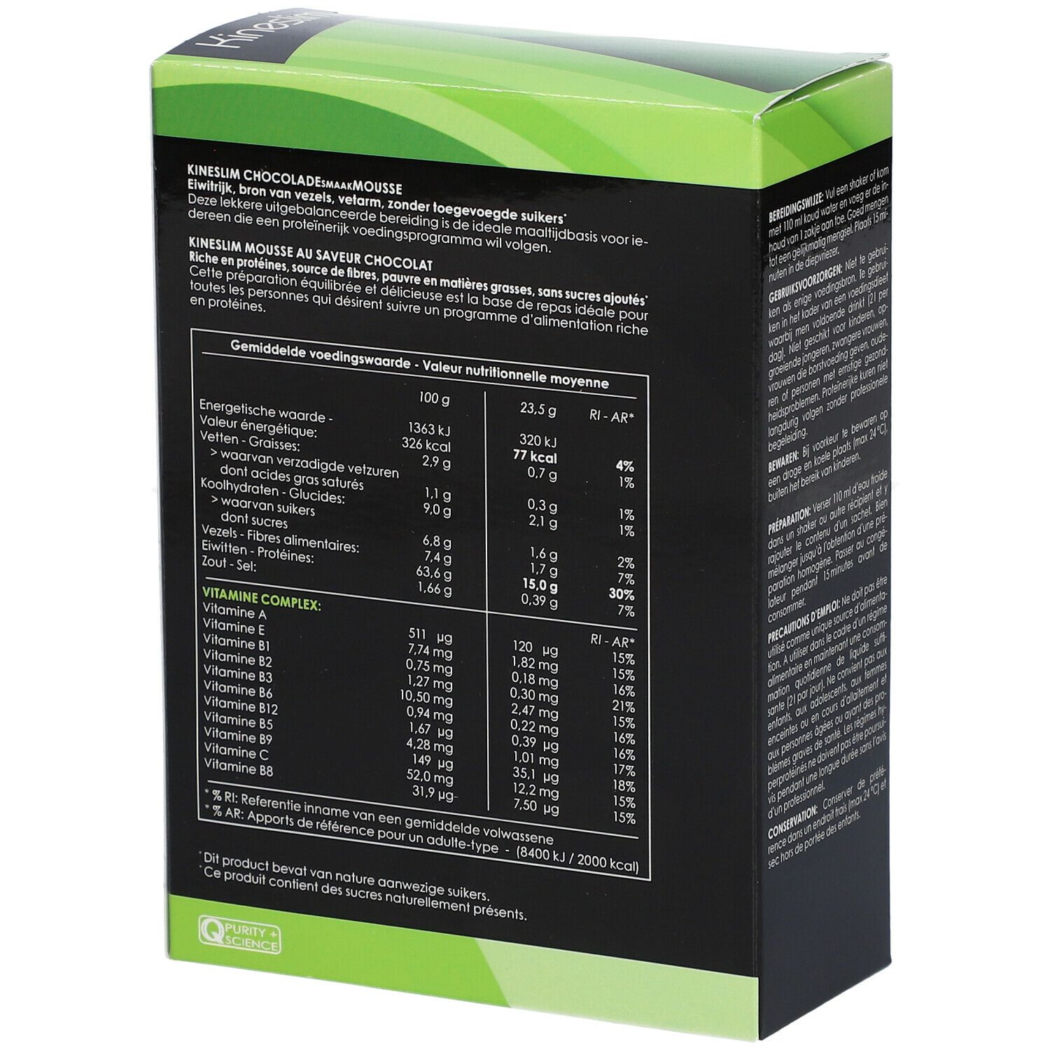 Kineslim-doos. Achterkant. Tekst: voedingswaarde, ingrediënten. Opschrift: chocolademousse.