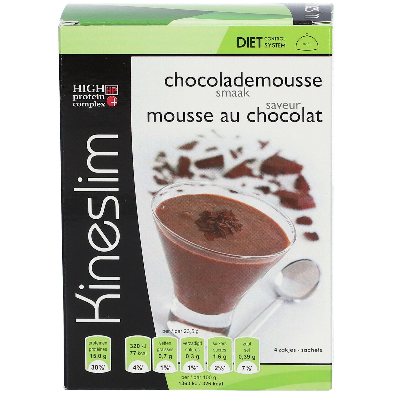 Kineslim-doos. Opschrift: chocolademousse, smaak. Voedingswaarde-informatie. 4 zakjes.