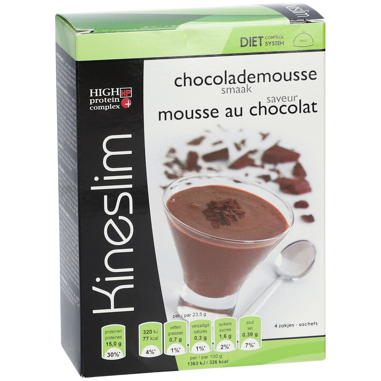 Kineslim-doos. Opschrift: chocolademousse, smaak. Voedingswaarde-informatie. 4 zakjes.