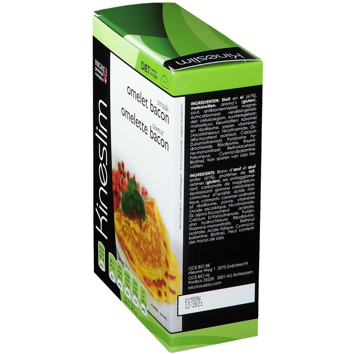 Vue latérale de la boîte Kineslim. Contient une liste d'ingrédients et des informations nutritionnelles. Image d'omelette.