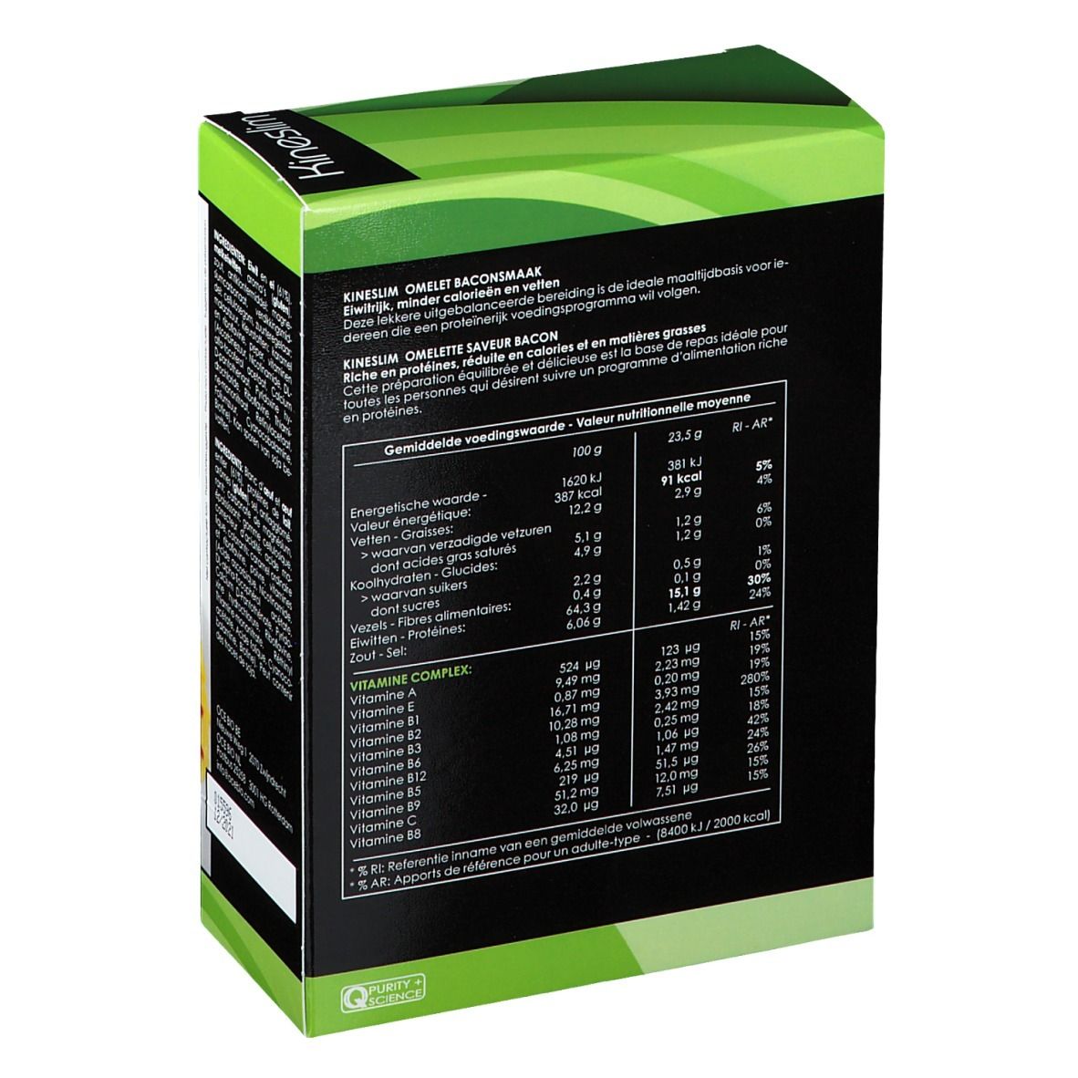 Dos de la boîte Kineslim. Contient un tableau nutritionnel et des informations sur les vitamines. Logo Q-Mark.