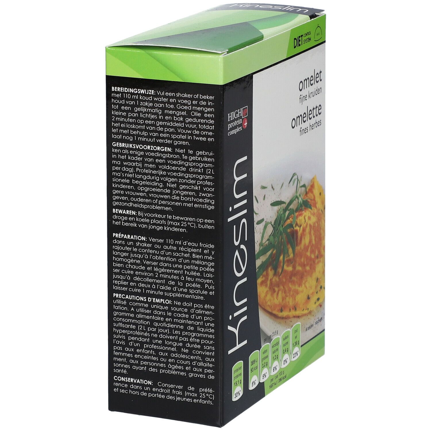 Boîte Kineslim Omelette fines herbes. Vue avant et latérale. Boîte verte et noire avec informations produit.