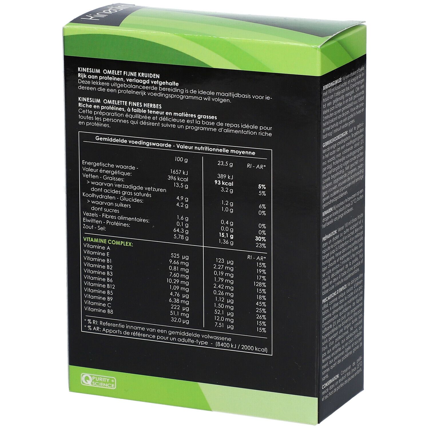 Dos de la boîte Kineslim Omelette. Contient des informations nutritionnelles et un complexe vitaminique.