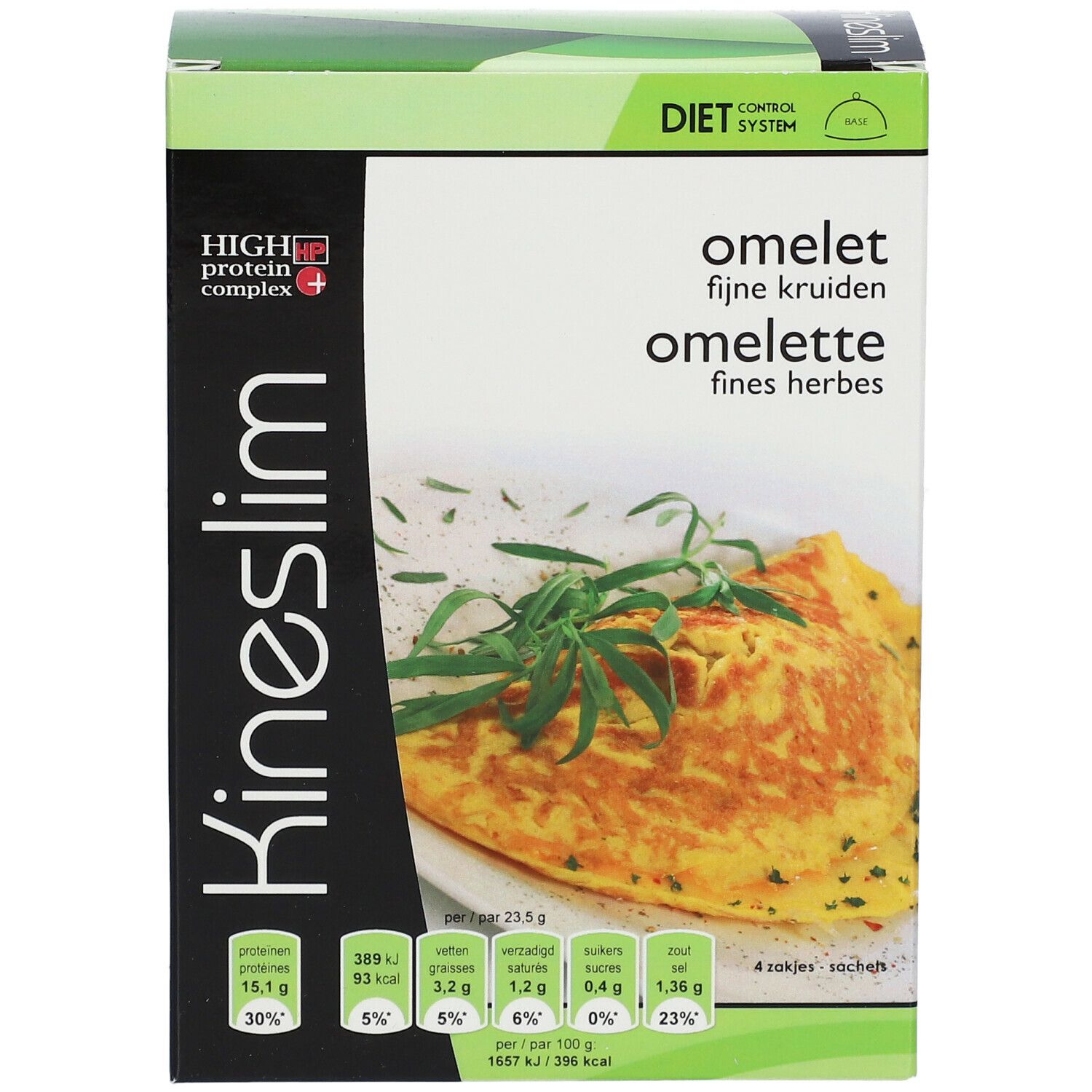 Boîte Kineslim Omelette, vue de face. Illustration d'omelette aux herbes. Boîte verte et noire.