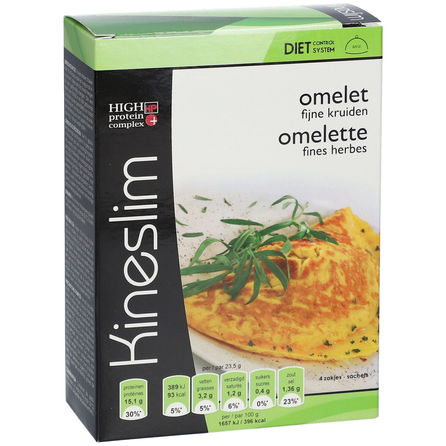 Boîte Kineslim Omelette, vue de face. Illustration d'omelette aux herbes. Boîte verte et noire.